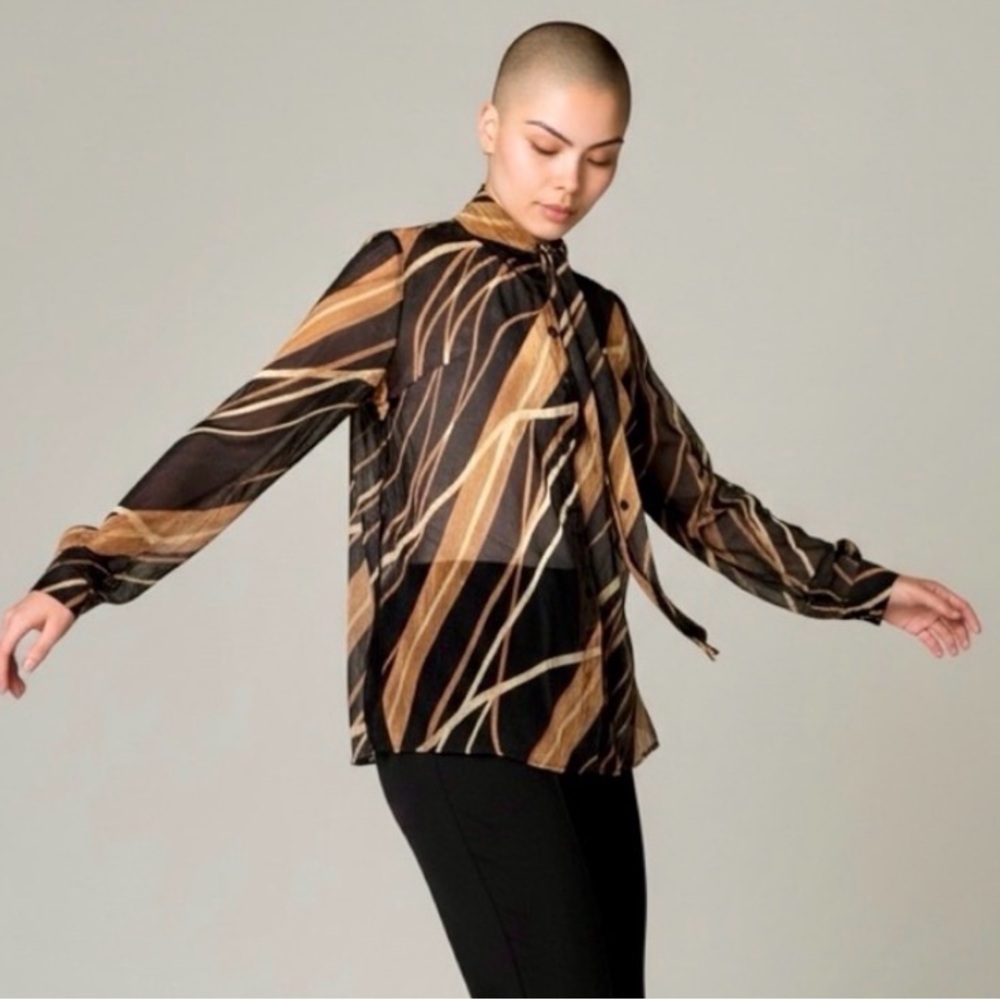 CLIPS Italy 100% Silk Sheer Oversized Blouse Top Abstract Brown Gold